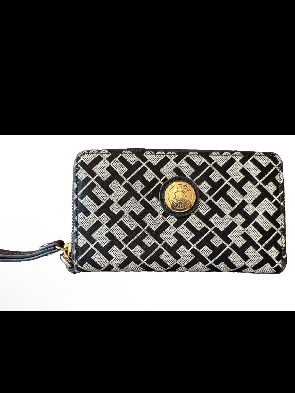 Tommy Hilfiger Black and White Geometric Wristlet Wallet with Gold Accent
